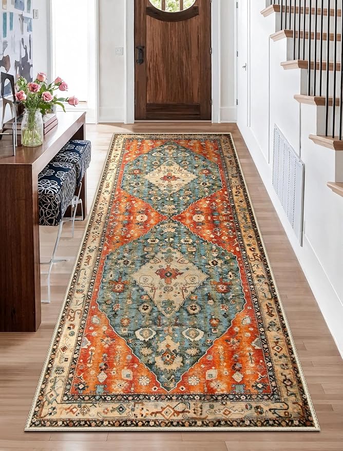 SERISSA Washable Boho Runner Rug, 2'6"x8' Non-Slip Tribal Hallway Kitchen Rug Ultra Soft Print Distressed Vintage Floor Carpet Runner for Bedroom Bathroom Laundry Living Room