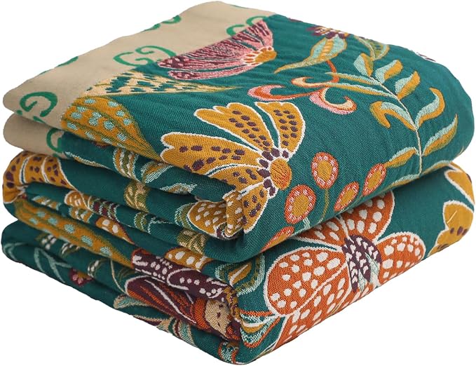 100% Cotton Boho Throw Blanket,4-Layer Gauze Woven Breathable Soft Muslin Blanket with Vintage Floral Design & Yellow/Green,Lightwight Breathable Decor Blanket, Perfect as Bed Sofa Quilt 60" x 80"
