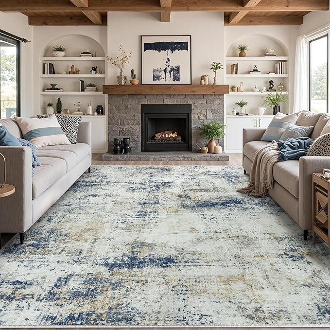 9x12 Area Rugs Living Room Rugs: Large Washable Rug with Anti-Slip Backing Non-Shedding Stain-Resistant Soft Abstract Carpet for Bedroom Dining Room Nursery Hallway Indoor Home Office Blue Brown