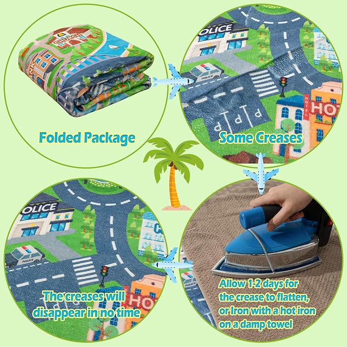 Car Rug Play Mat for Kids Toy Cars, Road Traffic Playmat for Kid Bedroom, Non-Slip Machine Washable Town City Race Track Carpet for Learn and Have Fun 4'x5'/ 48"x60"