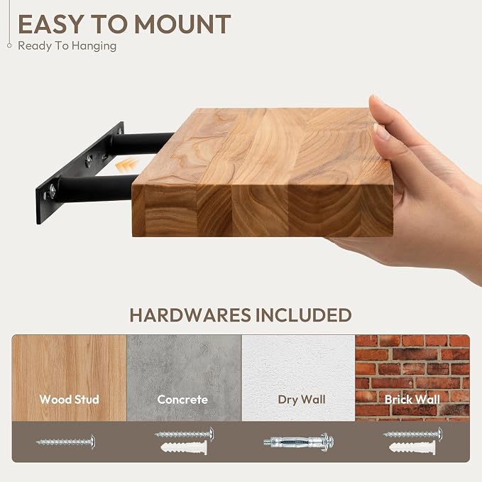 Marsmiles 30 inch Floating Shelves for Wall Solid Elm Wood Shelves|Rustic Wall Shelves with Invisible Heavy-Duty Bracket for Bathroom Living Room Kitchen|Natural, 2 Pack