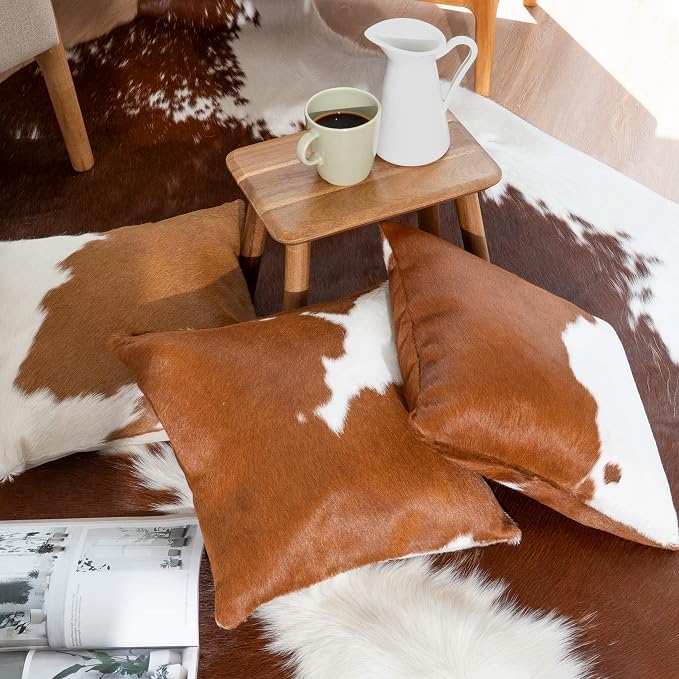 ecowhides 100% Genuine Brazilian Cowhide Pillow Cover – Brown and White – Double-Sided – Luxury Leather Decorative Cushion for Rustic & Western Home Décor – 20” x 20”