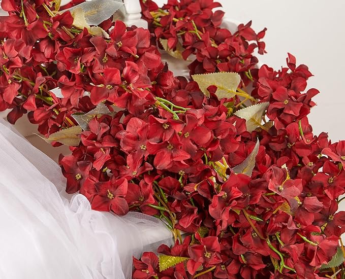 PONKING Flower Garland, Artificial Hydrangea Vine Flowers, Hanging Fake Hydrangeas Vine for Room Anniversary Wedding Birthday Christmas Wall Arch Decor, 2 Pcs, Floral Garland, Red Flower