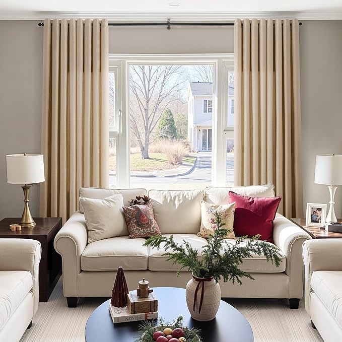 Taupe Burlywood Linen Curtains 84 Inches Long for Living Room Light Filtering Semi Sheer Curtain Grommet Rustic Luxury Neutral Modern Farmhouse Sheer Drapes for Bedroom Dinner Room 52x84, 2 Panels