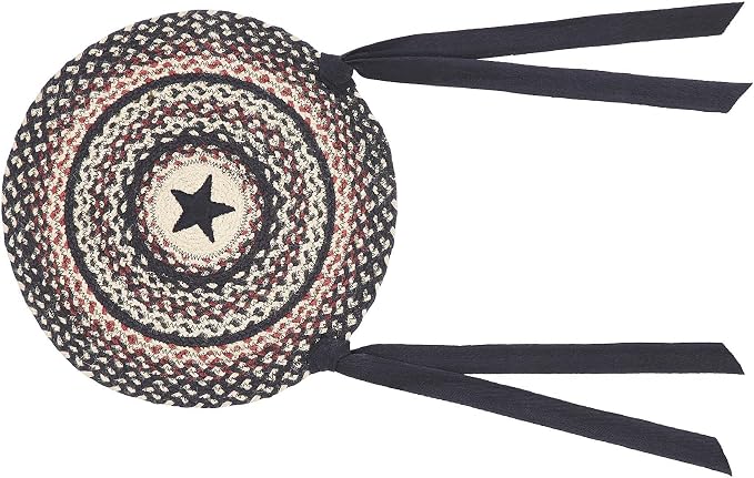VHC Brands Colonial Star Round Seat Cushion Chair Pad, Tan Black Red, Jute Blend with Ties, Set of 2, 15x15 Inches