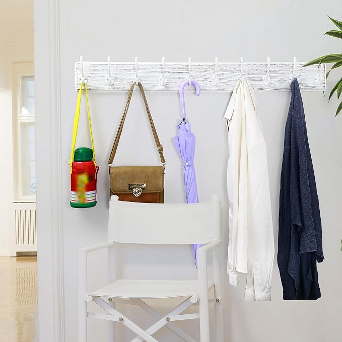 WEBI Coat Rack Wall Mount,10 Hooks,38 9/16" Long Coat Hooks Wall Mounted Large,16" Hole to Hole,Wood Coat Hanger Wall,Hooks for Hanging Coats,Jacket,Clothes,Hats,White,2 Packs