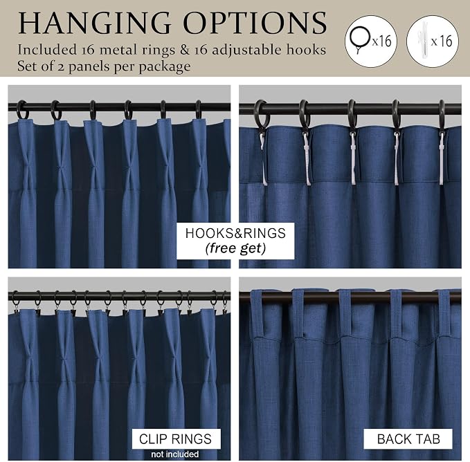 Navy Blue Linen Pleated Curtains 102 Inch Long for Living Room 2 Panel Pinch Pleat Bedroom Drapes Light Filtering Semi Sheer Dark Blue Indigo Colored Curtain for Patio Sliding Door 102 Length Back Tab