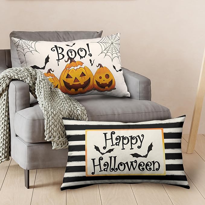 Happy Halloween Lumbar Pillow Covers 12x20 Set of 2 Pumpkin Bat Spider Web Waist Throw Pillow Covers Boo Pillow Halloween Rectangular Pillow Case for Home Decor Couch Outdoor