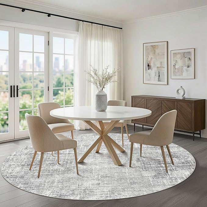 5ft Round Rug Living Room: 5x5 Washable Large Neutral Grey Circle Area Rug Abstract Soft Modern Stain Resistant Indoor Floor Non-Slip Carpet for Bedroom Nursery Kids Office Playroom Dining Room