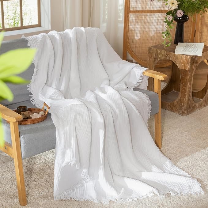 MooMee Muslin Blanket - 100% Cotton 4-Layer Gauze Throw Blanket with All-Around Fringe, Soft Breathable Lightweight Cooling Summer Blankets for Bed Couch (Bright White,Oversize Queen 98" x 98")