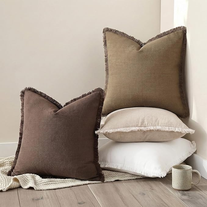 decorUhome Summer Decorative Neutral Linen Fringe Throw Pillow Covers Set of 2 Chocolate Pillow Covers with Tassels Soft Farmhouse Boho Accent Pillow Cases for Couch Bed Sofa 20x20 Inch
