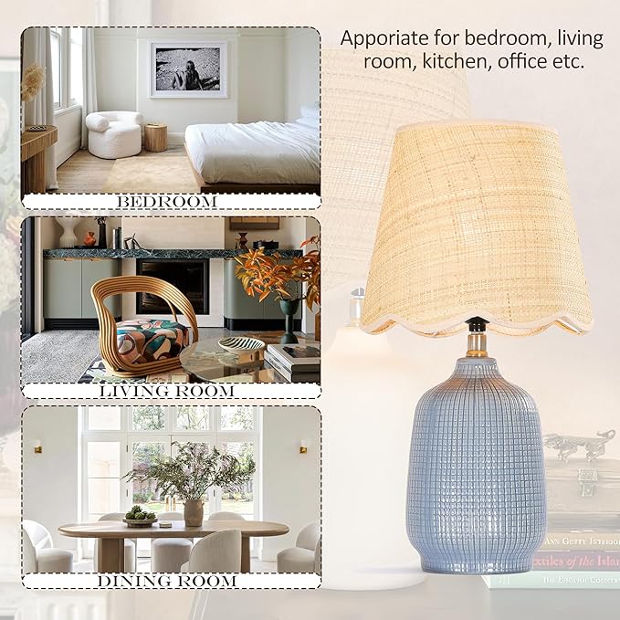 Pia Ricco Set of 2 19" Modern Ceramic Table Lamp for Living Room Gray Blue Base Desk Lamps for Bedroom Farmhouse Bedside Nightstand Lamp End Table Lamps,Bule,Rattan Shade