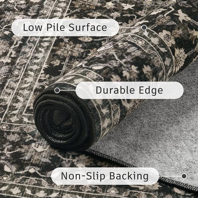 DCX Black 5x7 Rug, Kid & Pet Friendly with Rubber Back Non Slip, Machine Washable Stain Resistant Vintage Traditional Distressed Carpet, Rug for Living Room, Bedroom, Home Decor