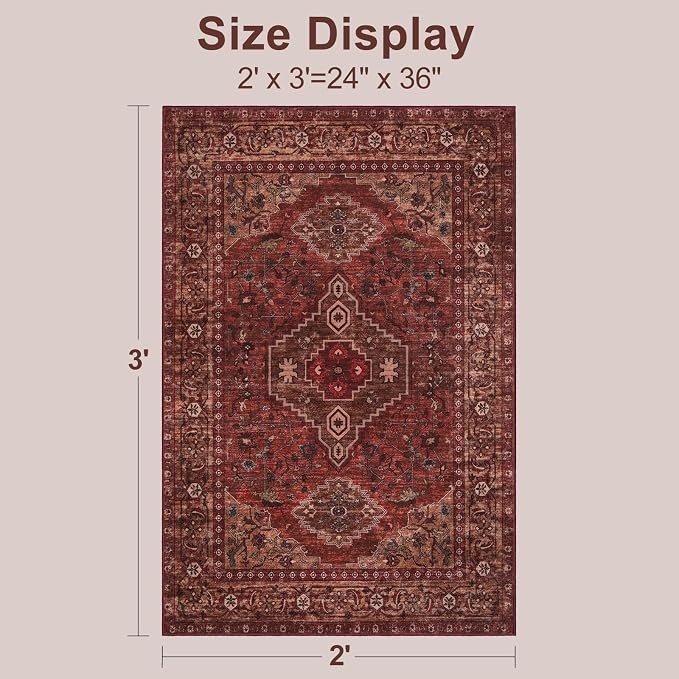 Tangsoo Red 2x3 Washable Entryway Rugs Oriental Vintage Non Slip Small Area Rug, Boho Indoor Front Door Rug, Door Mat Indoor Entrance Soft Low Pile Throw Rugs for Entry Kitchen Living Room Dark Red