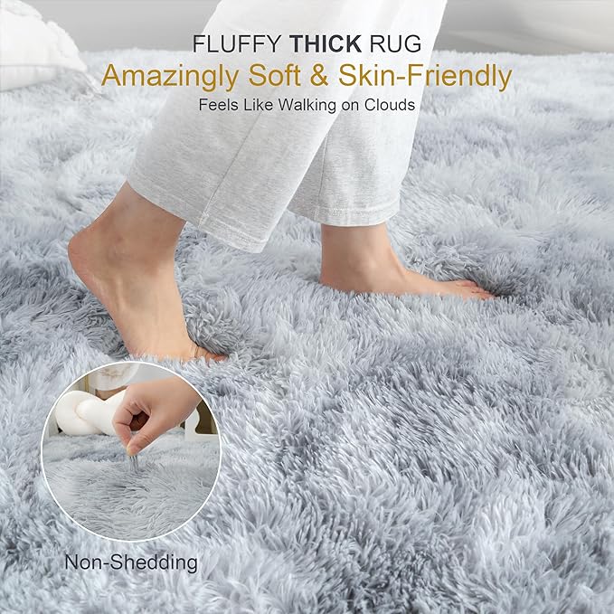 KICHOWUA Thick Area Rug Light Grey 6x9 Fluffy Shag for Bedroom Ultra Soft Plush Fuzzy Washable Thickened Non Slip Carpet for Living Room Dorm Nursery Shaggy Rug for Kids Baby Girls Boys, Tie-Dye Gray