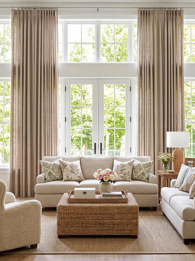 Liz Pinch Pleated Linen Curtains Light Filtering Curtains for Living Room, Farmhouse Window Curtains for Bedroom, Modern Drapes with Hooks and Rings, 90 Inches Long, Taupe Grey, 2 Panels Set