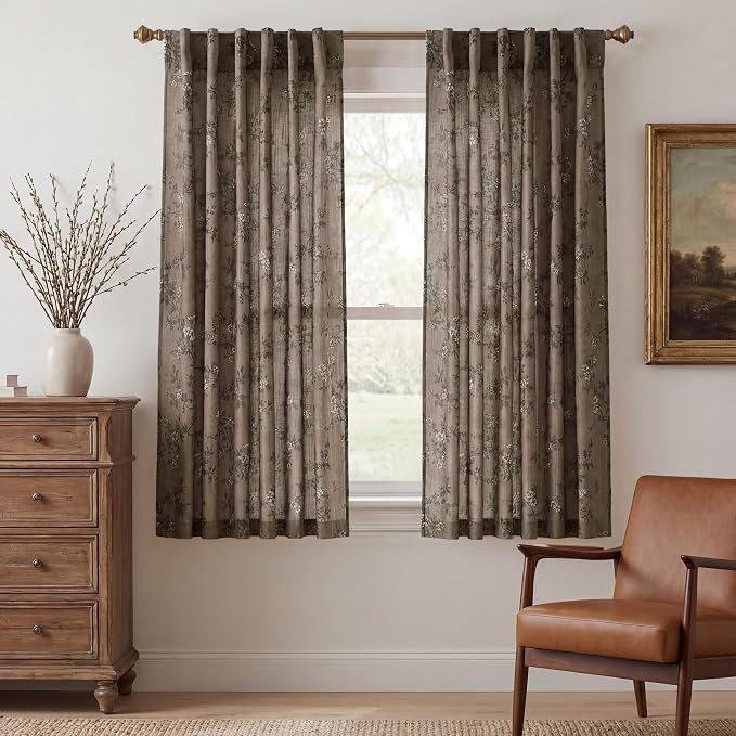 StangH Vintage Floral Curtains 63 Inches, Natural Linen Textured Pattern Curtains, Light Filtering Privacy Drapes French Country Short Window Treatments for Bedroom, Khaki, W52 x L63, 2 Panels