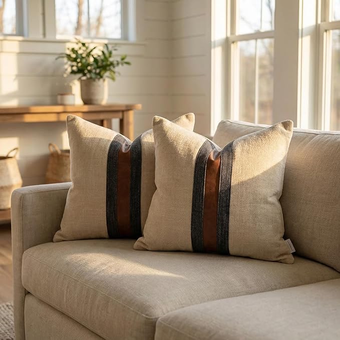 BOYSUM Set of 2 Leather Throw Pillow Covers Cotton Linen Decor Patchwork Pillow Cover Faux Leather Pillows Cover for Couch Sofa Living Room Bedroom,Beige Yellow 22"x22"