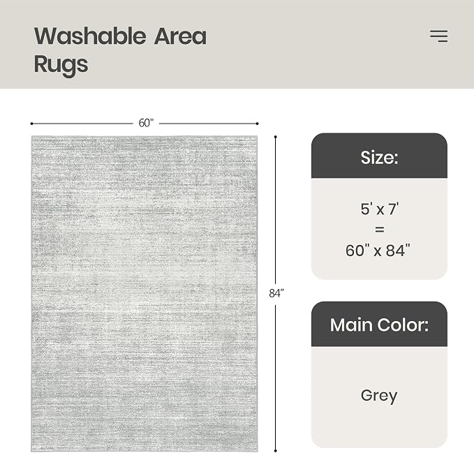 Valenrug Washable Rug 5x7 - Stain Resistant 5x7 Area Rugs for Living Room, Non Slip Backing Printed Rugs for Bedroom, Folable Machine Washable Area Rug (5'x7', Grey)