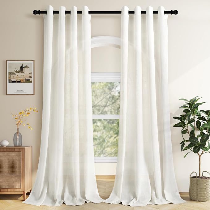 102 Inches Long Cream Living Room Curtains 2 Panels Set Grommet Ring Top Linen Drapes for Patio Sliding Door Light Filtering Modern Bohemian 102 Inch Curtain for Large Window Dining Office Bedroom