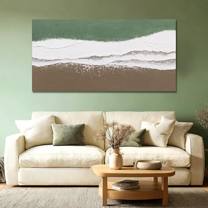 ZUNARE Abstract Green and White Wall Art Modern Canvas Painting with Soft Flowing Texture, Neutral Brown Tones Calming Artwork for Living Room Bedroom Kitchen Office Wall Decor 24"x48"