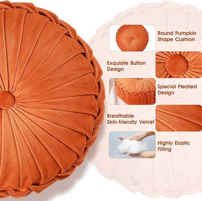 ROSE&RISY Round Pleated Velvet Throw Pillow, 1 Pack Decorative Accent Pumpkin Pillow Cushion for Couch Sofa Bed, Soft Plush Retro Vanity Throw Pillow for Home Decor, 14.5 Inch, Orange