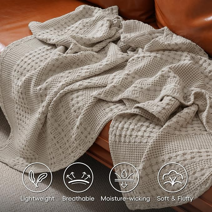 PHF 100% Cotton Waffle Throw Blanket for Couch, Lightweight Breathable and Soft for Summer, Luxury Aesthetic Waffle Weave Blanket for Home Decor & Office, Gifts for Women, 50"x60", Pearl Gray