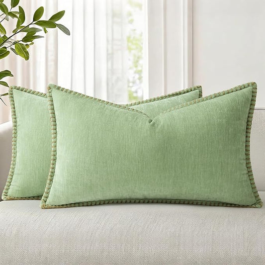 decorUhome Summer Chenille Soft Cozy Throw Pillow Covers 12x20 Set of 2, Modern Farmhouse Boho Velvet Decorative Pillow Cases with Stitched Edge for Couch Sofa Bed Home Decor, Sage Green