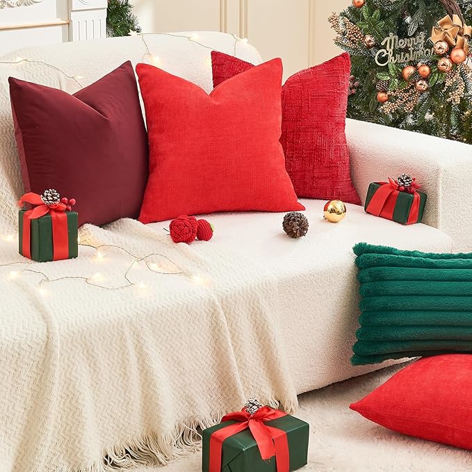 Pack of 4 Christmas Red Pillow Covers 22x22 Inch Chenille Throw Pillow Covers Solid Decorative Soft Xmas Cushion Covers Home Boho Textured Decor for Couch Sofa Bed Living Room
