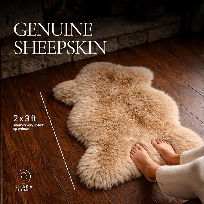 Genuine Sheepskin Rug 2x3 Ft – Soft & Fluffy Single Pelt Light Beige Lambskin – Area Rug or Chair Cover Throw – Made in Argentina