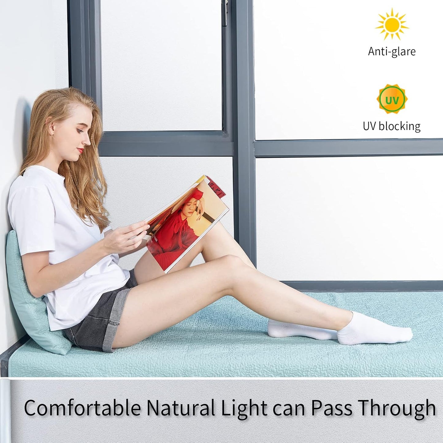 Frosted Glass Window Film with Tools,Reusable Window Privacy Film,Static Clings Window Film Kit for Home Bathroom and Office. (White, 35.4Inch×196.9Inch)