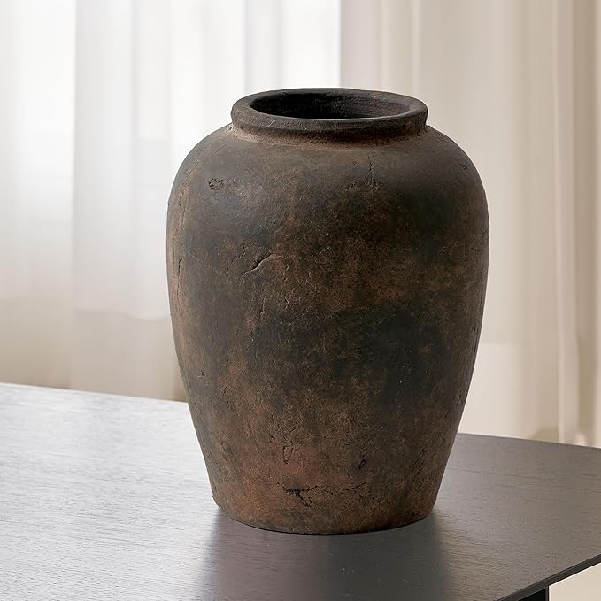 LB2 Brown Ceramic Large Vase, 11.8" Tall Zen Style vase, Terra Cotta Pitcher, Distressed Farmhouse Decor, Pottery Decorative Flower for Home Decor (A - Brown 11.8")
