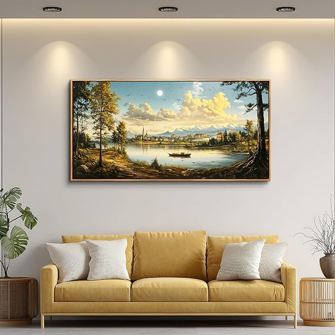 XIGUANGART Large Framed Wall Decor, Landscape Wall Art, Ocean Nature Wall Art, Riverside Farm Canvas Art Prints,Vintage Rustic Farmhouse Wall Decor Paintings for Living Room Bedroom Bathroom Kitchen