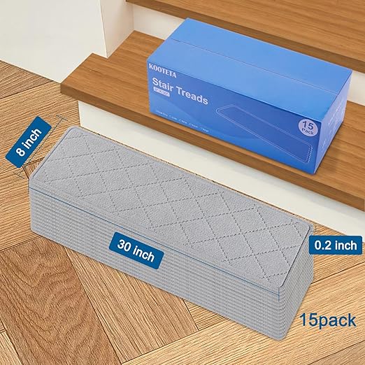 Stair Treads for Wooden Steps Indoor, KOOTETA 15 Pack 8" X 30" Non Slip Carpet Stair Treads with Reusable Adhesive for Kids Elders and Dogs, Surface Polyester TPR Backing Stair Rugs, Grey