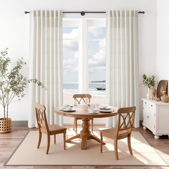 Nanspring Mousse White Curtains 90 Inches Long for Living Room Linen Light Filtering Semi Sheer Curtain Back Tab Rod Pocket Simple Modern Elegant Coastal Decor Drapes for Bedroom 52x90, 2 Panels