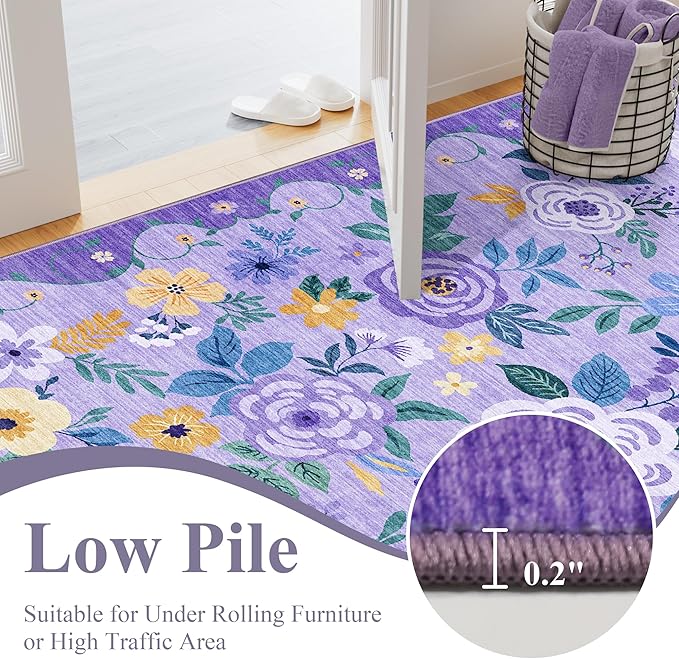DUKINO 5x7 Area Rug, Floral Rugs for Living Room, Lightweight Non Slip Washable Rug, Indoor Low Pile & Non-Shedding Boho Design Rugs for Bedroom, Playroom, Dining Room, Purple