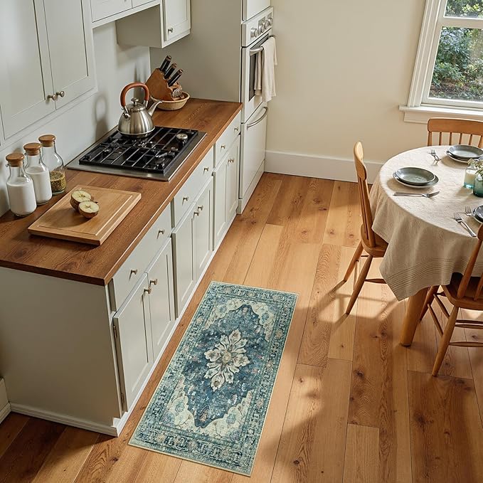 RELEANY Area Rugs 2'x4' Kitchen Rugs Entry Rug Small Rugs for Entryway Kitchen Bathroom Door Mat Indoor Entrance,Washable Non Slip, Dark Blue Vintage