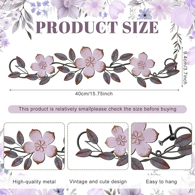 Wesiti Metal Flower Wall Decor Vintage Spring Metal Flower Wrought Iron Scroll Sculpture 15.7''x3.7'' Farmhouse Leaf Wall Decor with Nails for Spring Living Room Bedroom Indoor Outdoor (Purple)