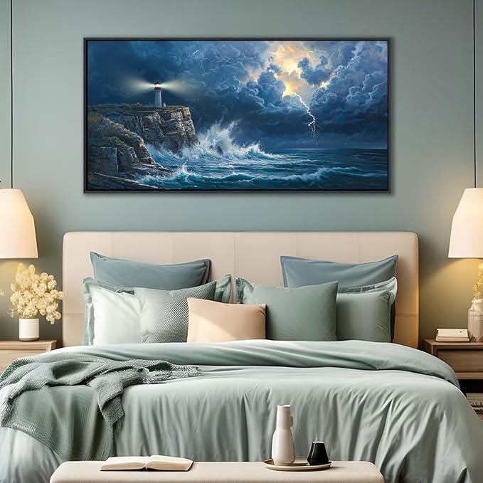Coastal Wall Art Framed Ocean Canvas Painting Navy Blue Picture, Lighthouse Artwork for Dining Room,Living Room,Bedroom Decoration Can be Hung Directly Size 20x40 Inches