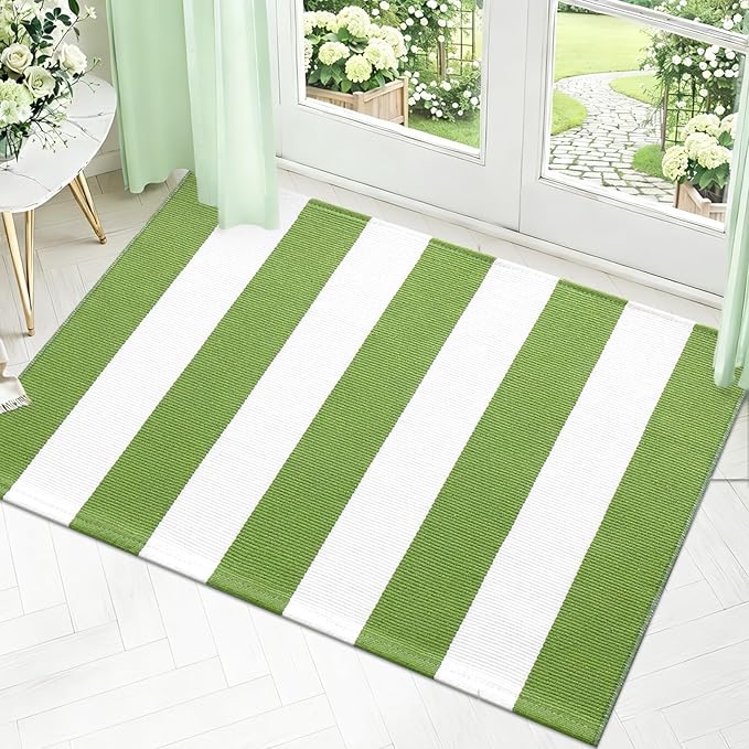 OLANLY Green and White Striped Rug 2'4" x 3'7" (27.5" x 43") – Washable Cotton Indoor Outdoor Doormat for Front Door, Entryway, Kitchen, Porch, Patio Decor