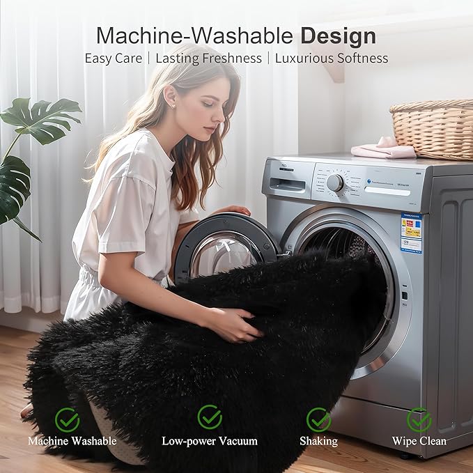 KICHOWUA Thick Area Rug Black Fluffy Shag 5x7 for Bedroom, Ultra Soft Plush Fuzzy Washable Thickened Non-Slip Floor Carpet, Modern Cozy Furry Rug for Living Room Kids Baby Boys Girls Nursery Dorm