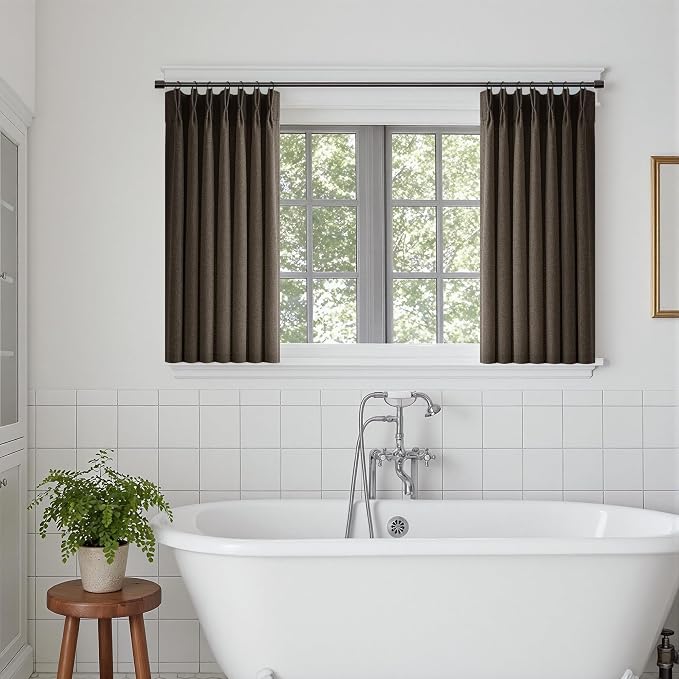36 Inch Pleated Linen Curtains 36 Inch Length 2 Panel Set Memory Trained Pinch Pleated Privacy Semi Sheer Light Filtering Short Kitchen Window Curtain Thick Dark Brown Mini Cafe Small Drapes