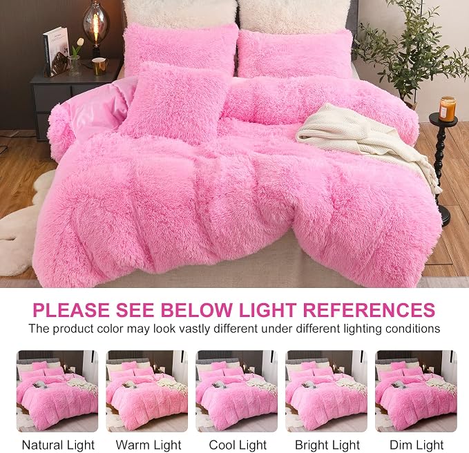 Fluffy Plush Pink Duvet Cover Set Queen Size, Luxury Soft Velvet Fuzzy Comforter Cover Bed Sets 4Pcs(1 Faux Fur Duvet Cover + 2 Pillow Cases + 1 Pillow Cover) Zipper Closure (Queen, Light Pink)