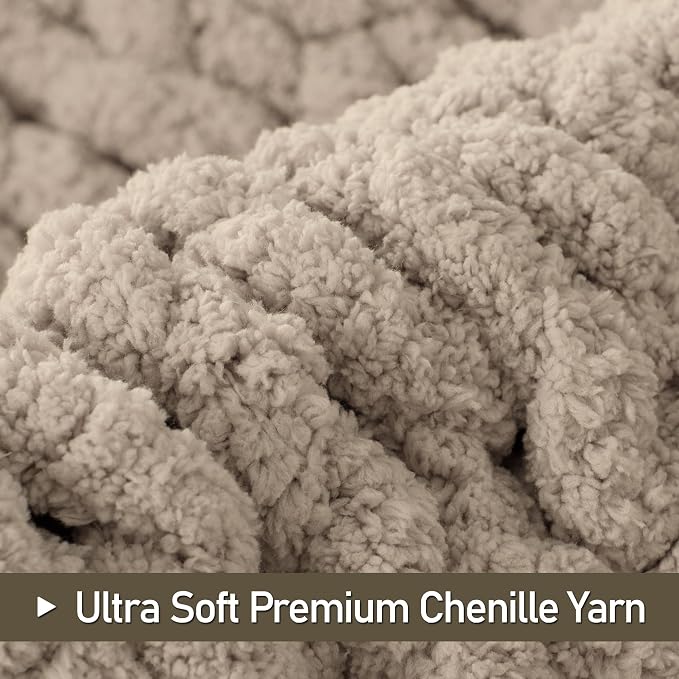 Chunky Knit Throw Blanket 60x80, 100% Handmade Chenille Yarn | 6.7lbs Soft Thick Cable Knitted Blankets, Large Rope Knot Crochet Throws for Couch Sofa Bed Machine Washable, Taupe