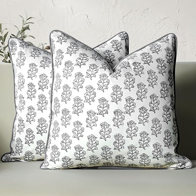 CPC 100% Cotton Throw Pillow Covers 20x20 Inch, Set of 2 Block Print Pattern Couch Pillow with Hidden Zipper, in Collabaration with Southern Source- Misty Grey Floral