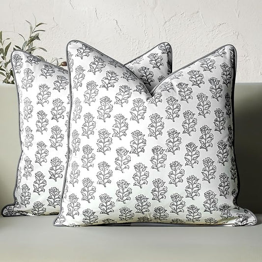 CPC 100% Cotton Throw Pillow Covers 20x20 Inch, Set of 2 Block Print Pattern Couch Pillow with Hidden Zipper, in Collabaration with Southern Source- Misty Grey Floral
