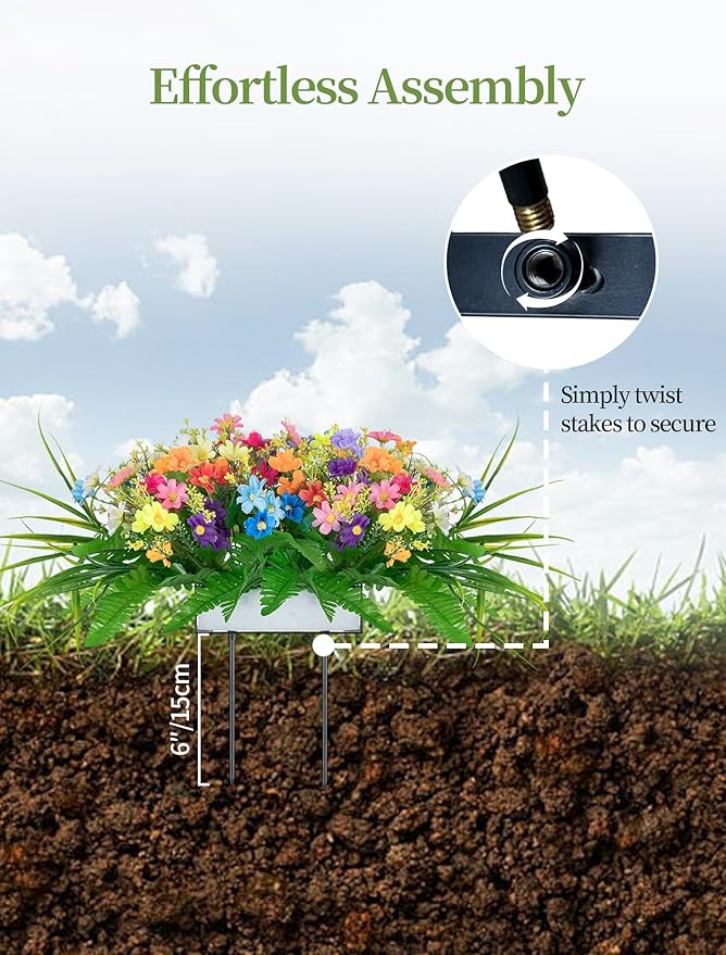 Cemetery Flowers for Grave Fake: Spring Flowers for Cemetery Easter Colorful Artificial Wildflowers with Stake - Faux Silk Memorial Day Grave Decorations for Outdoor Gravesite