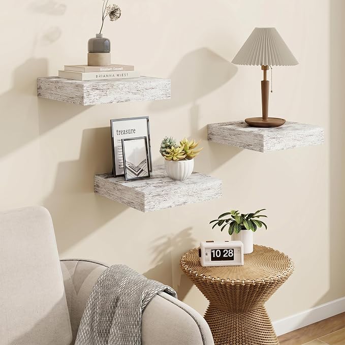 Square Floating Shelves for Wall, 8" W x 8" D x 1.25" H, 3 Pack Small Wall Mounted Engineered Wood Shelves with Invisible Brackets for Living Room, Bedroom, Bathroom, Kitchen Decor,Vintage White