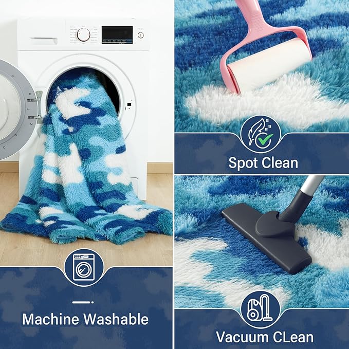 AROGAN Washable 2x6 Runner Rug for Hallway, Long Runner Rugs wtih Soft Memory Foam for Bedroom, Non Slip Backing Carpet, Bedside, Entryway Home, Camouflage Blue and White