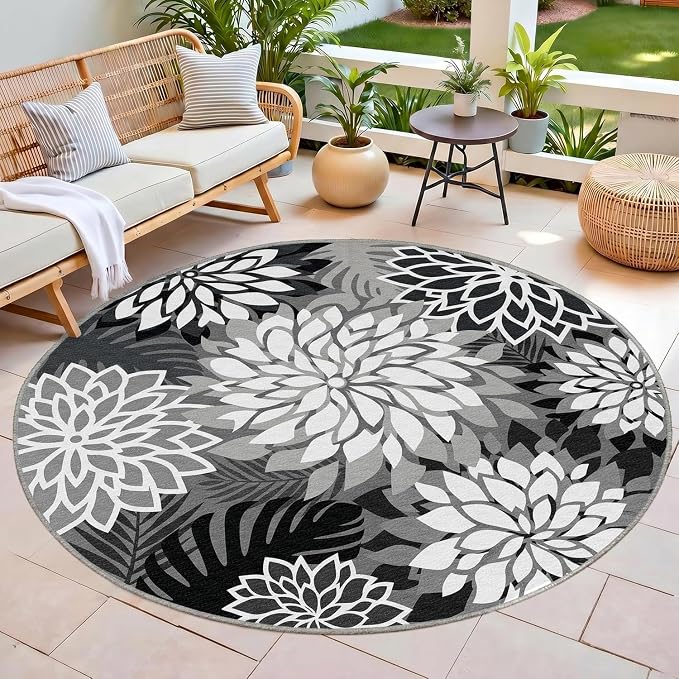 6x6 Outdoor Area Rug Washable Multicolored Patio Rug Tropical Botanical Floral Chenille Waterproof Outdoor Carpet Non-Slip for Patio, Deck, Backyard, Porch, Black
